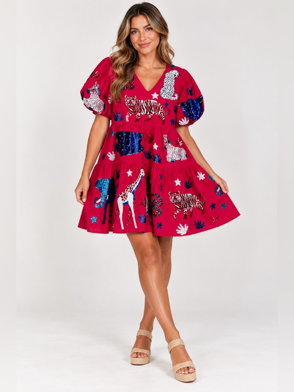 Queen of Sparkles Red Sequin Embellished Animals Tiered Mini Dress Size Small